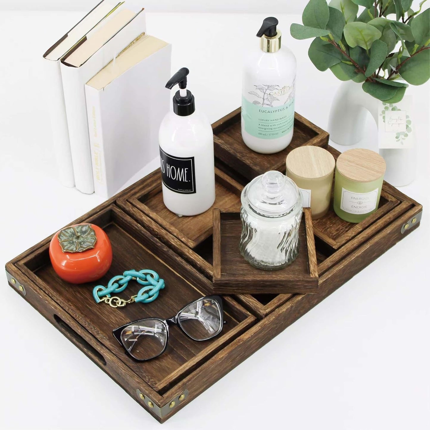 Rustic Wooden Serving Trays with Handle, Serving Platters, Charcuterie Board Set of 7 Nesting Food Trays for Serving Food, Home Decor, Breakfast, Coffee Table, Bed Tray, Picnic