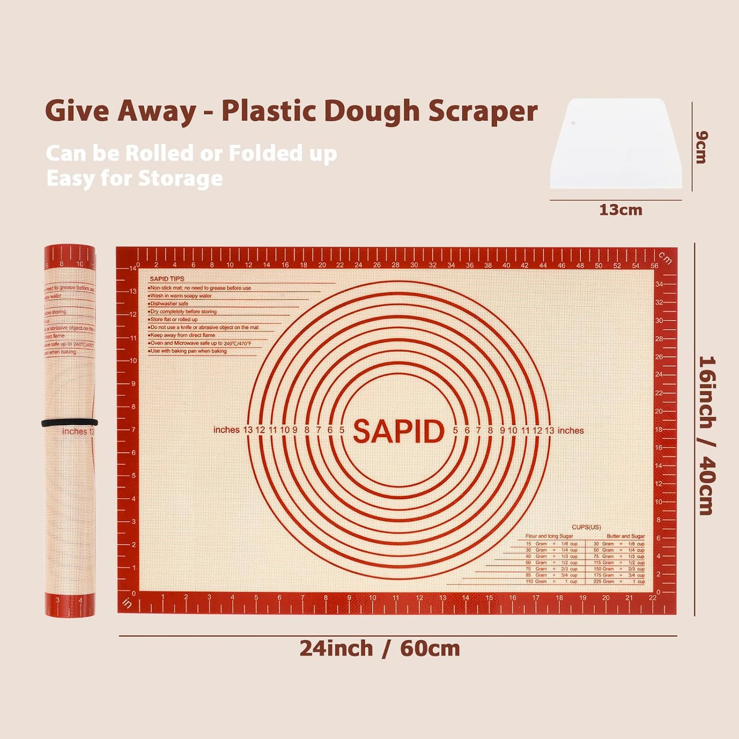 Sapid Extra Thick Silicone Pastry Mat Non-slip with Measurements for Non-stick Silicone Baking Mat Large, Dough Rolling, Pie Crust, Cookies, Kneading Mats, Countertop, Placement Mats (16" x 24", Red)