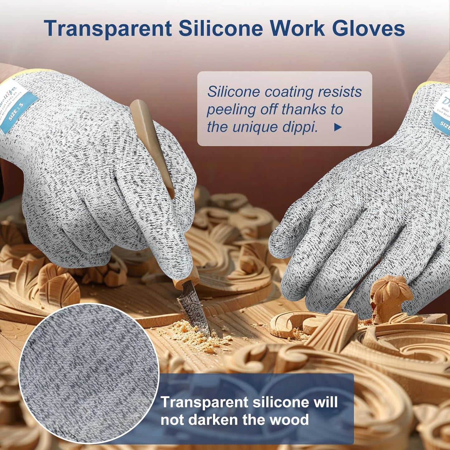 Dowellife Level 5 Cut Resistant Gloves with Silicone Coating, Food Grade Kitchen Knife Safety Gloves, Work Gloves for Chef, Mandoline Oyster Shucking Meat Cutting Wood Carving (Gray Large), Grey