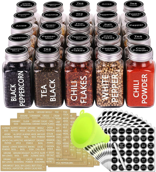 SWOMMOLY 25 Glass Spice Jars 6 oz Empty Square Spice Bottles with 703 Spice Labels, Chalk Marker and Funnel Complete Set. Spice Containers with Airtight Cap, Pour/sift Shaker Lid