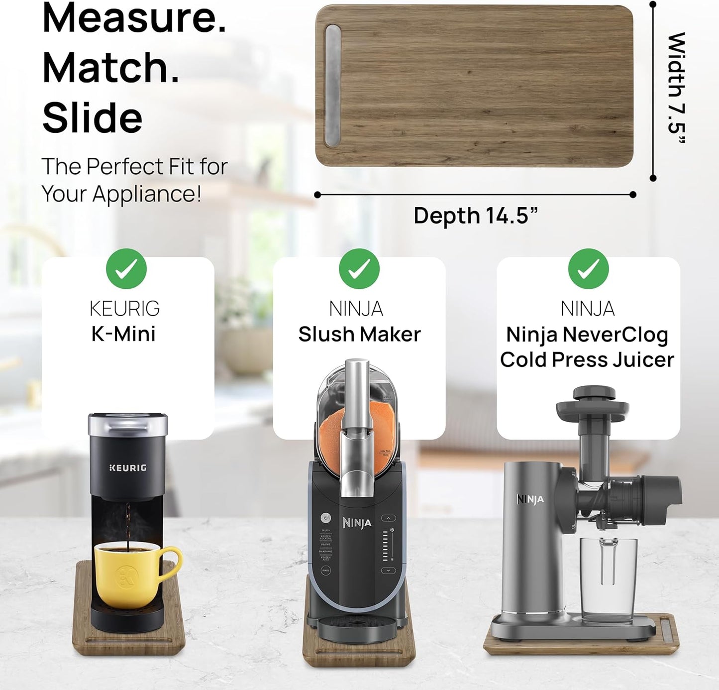 Ibyx Elegant Sliding Tray for Your Coffee Maker & Heavy Kitchen Appliances - Sturdy, Slides Easily from Under The Cabinet (Brown, 7.5”W x 14.5”D)