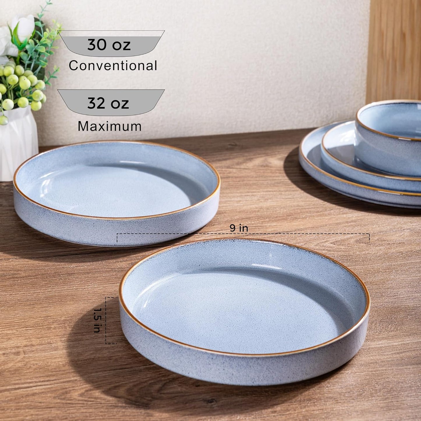 GBHOME 9'' Large Ceramic Pasta Bowls, 32oz Stoneware Pasta Serving Bowls Set of 4 for Kitchen, Wide Bowls for Fruit,Pasta,Salad,Oatmeal,Meal, Microwave Safe, Reactive Glaze-Brunnera Blue