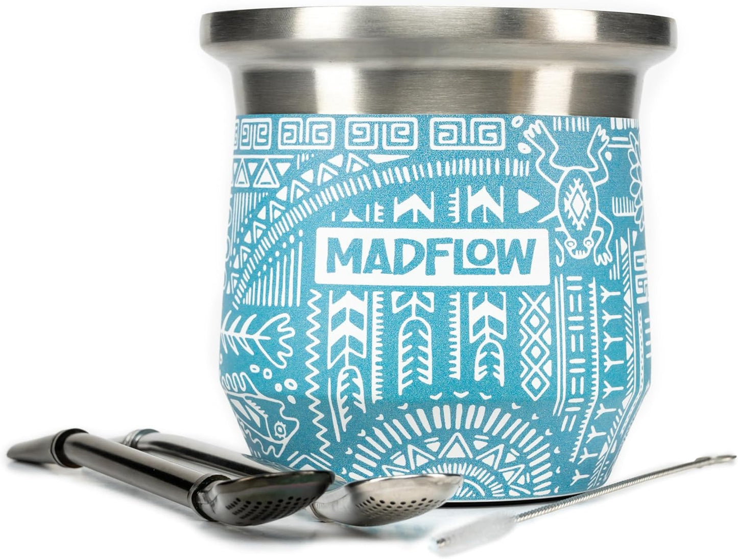 MADFLOW Yerba Mate Cup. Stainless Steel Mate Cup with 2 Bombillas. Double Wall Vacuum Insulated Yerba Mate Gourd. Unique Mate Cup And Bombilla Set