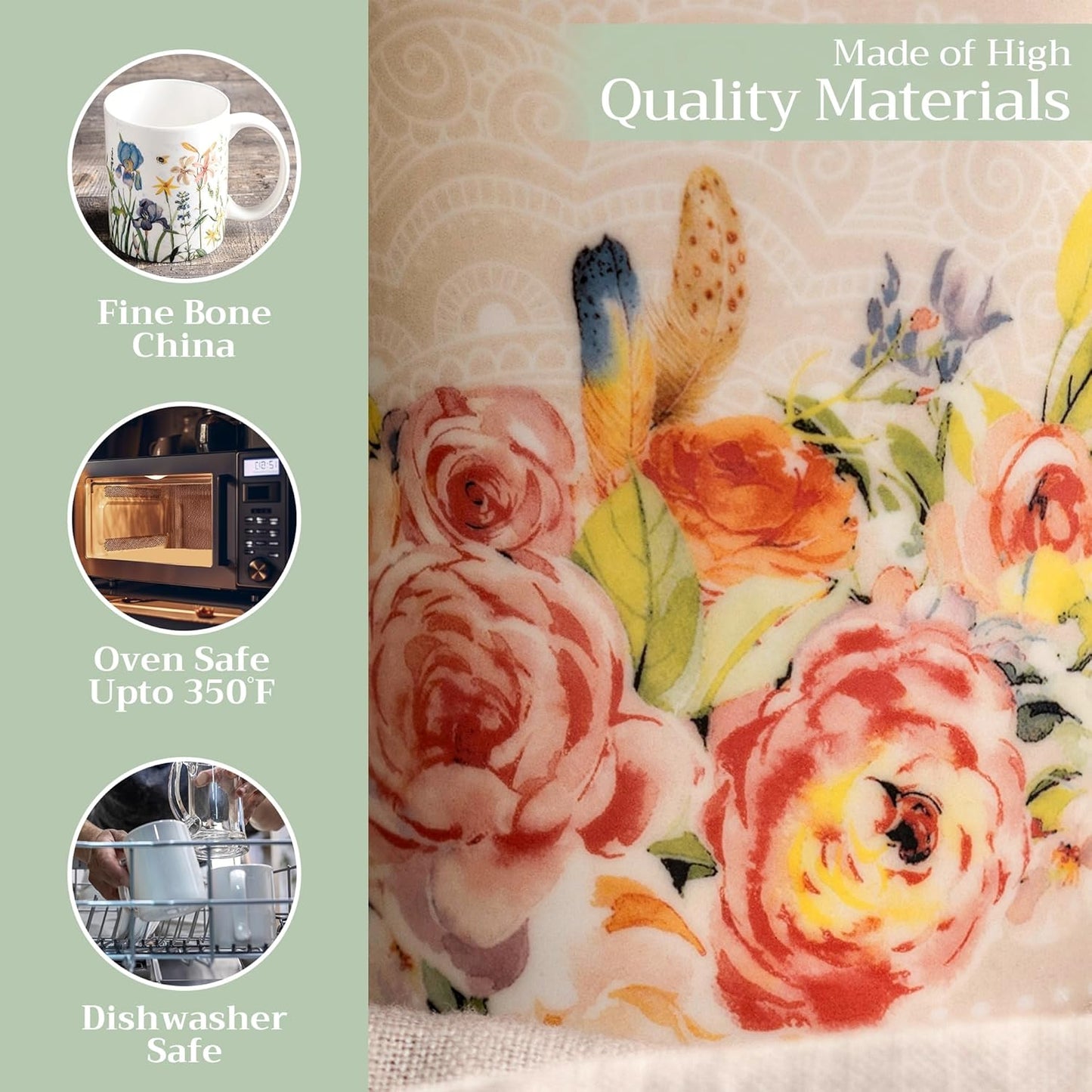 Maison d' Hermine Coffee Mug with Handles Fine Bone China Mugs Pack of One Tea Cups for Hot Beverages Cappuccino Latte Home Restaurant Office Perfect for Gift (Ibiza - Beige - Rose, 15 Ounce)