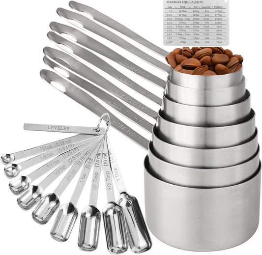 Measuring Cups and Spoons Set, Stainless Steel Measuring Cups and Spoons Set 18: 7 Kitchen Measure Cups, 9 Baking Spice Measure Spoons, US&Metric Measuring Tools for Cooking