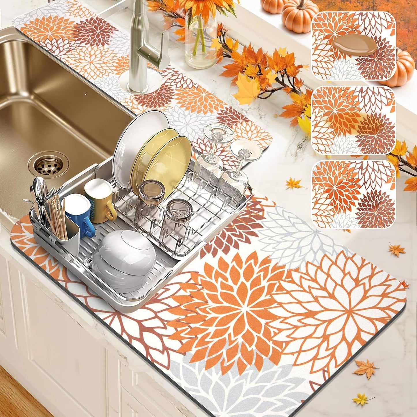 Findosom 2PCS 16" x 24" Fall Dish Drying Mat & 24" x 5.5" Sink Splash Guard, Super Absorbent & Cuttable Dish Mat Drying Kitchen Mat with Orange Floral, Hide Stain Drying Mat for Kitchen Counter