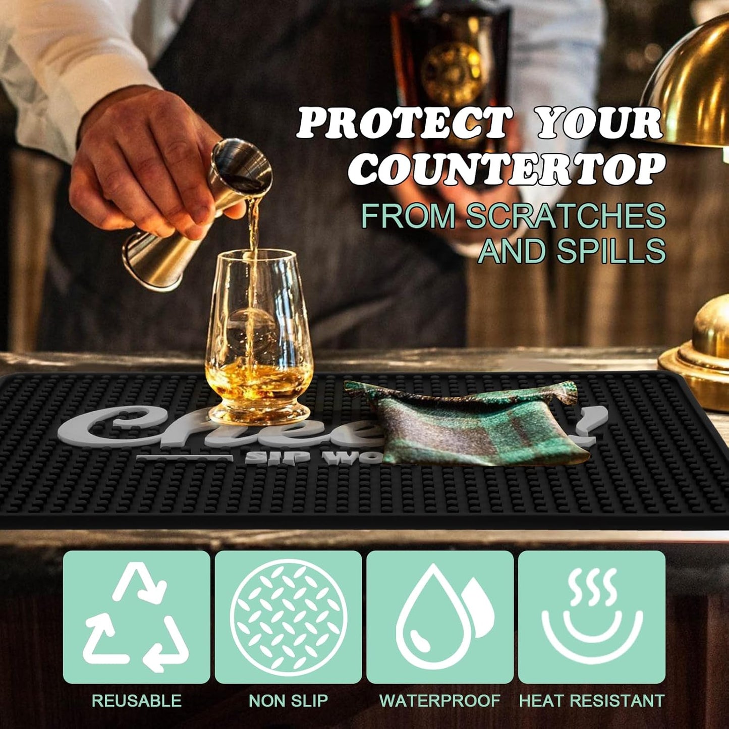 Cheers Bar Mat for Countertop 18in x 12in Large - Thick Durable Non-Slip Spill Rubber Bar Mats for Bartending - Personalized Custom Bar Mat for Home Bar Barista (Cheers)