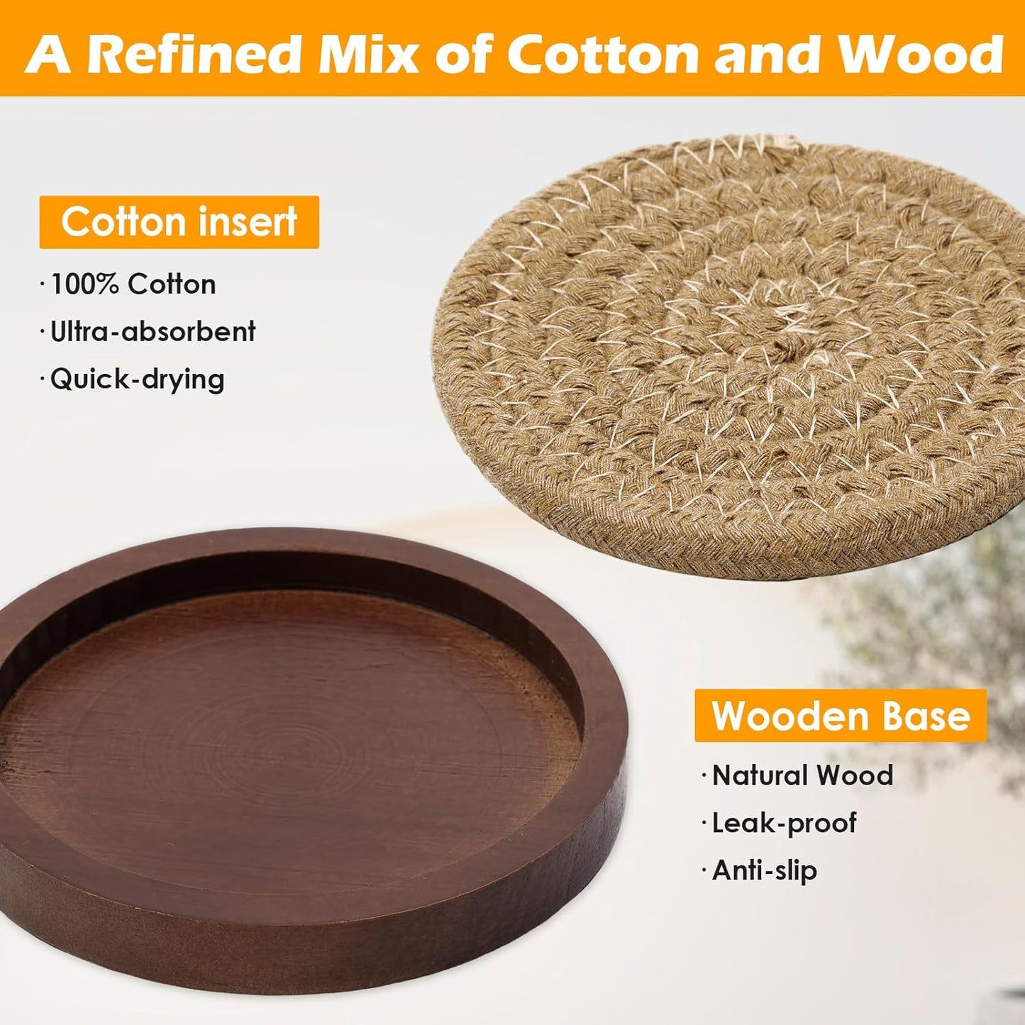 Mckanti 6 Pack Wood Coasters for Drinks with Cotton Coasters Insert, Wooden Coasters with Holder for Coffee Table Decor, Absorbent Coasters for Kinds of Cups, 4.3 Inches