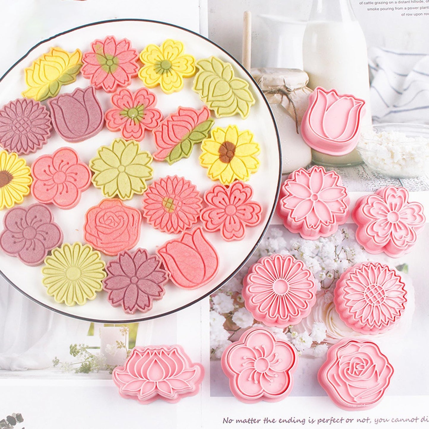 8PCS Flowers Cookie Cutter Sets Daisy Rose Cookie Cutters with Plunger Stamps Sun Flower 3D Plastic Pressable Biscuit Molds Cake Cooie Baking DIY Supplies (A8)