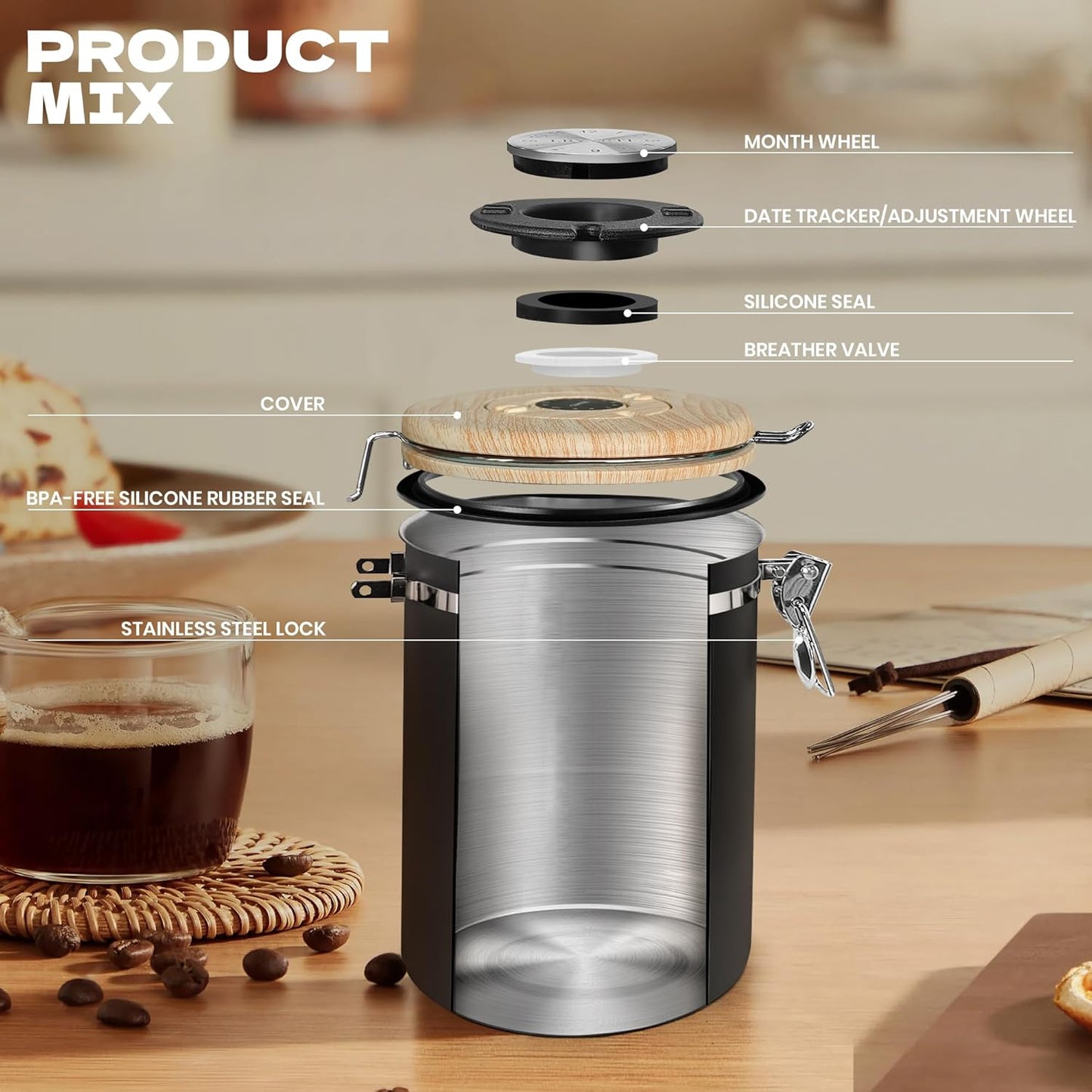 Airtight Coffee Canister,Stainless Steel Coffee Bean Storage Container with Scoop Date Tracker & CO2 Release Valve for Beans, Grounds and more- Black