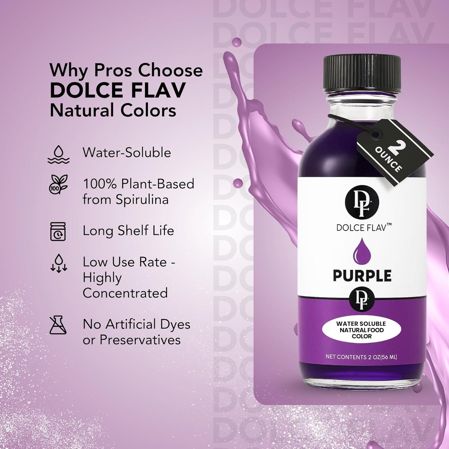 Dolce Flav Natural Purple Food Coloring – 2 oz Liquid Dye from Red Radish & Huito with Graduated Dropper | Water-Soluble | For Baking, Drinks & Frostings | Kosher | Made in USA