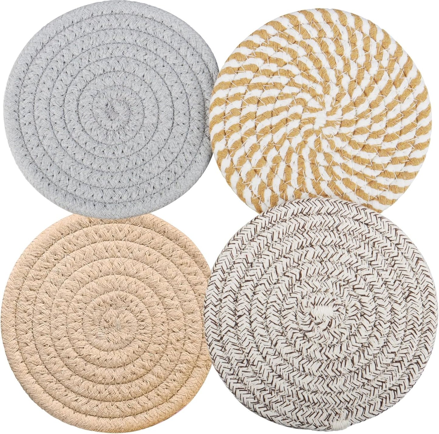 4.8IN Woven Drink Coasters Set of 4, Thick Absorbent Coasters, Boho Cotton Neutral Handmade Coaster, Table OOffice Desk Decor Posavasos for Coffee Cups with Giftbox (Multicolored, 4.8inch)