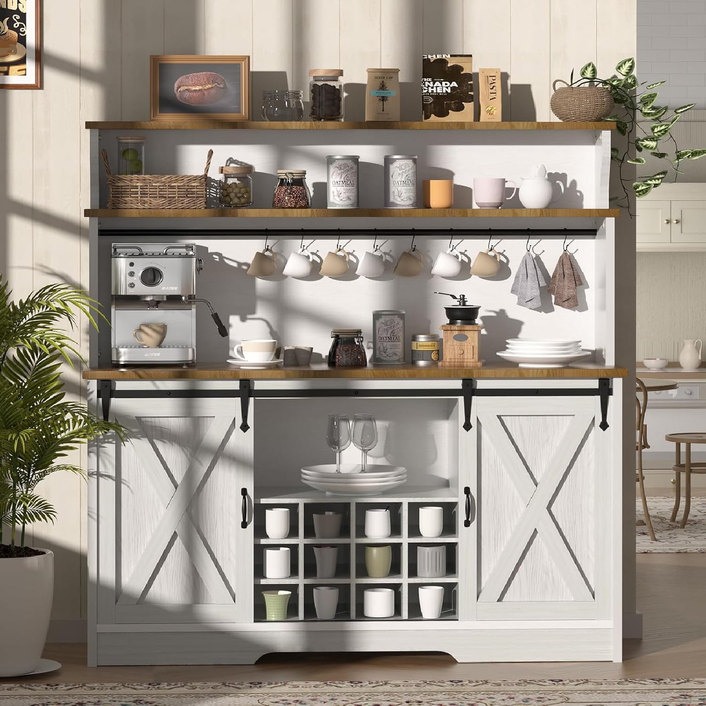 55'' Farmhouse Coffee Bar Cabinet with 3 Tier Storage Hutch, Coffee Bar Station with Sliding Barn Door, Hutch Storage Cabinet with 12 Wine Racks & 9 Hooks for Kitchen Dining Living Room