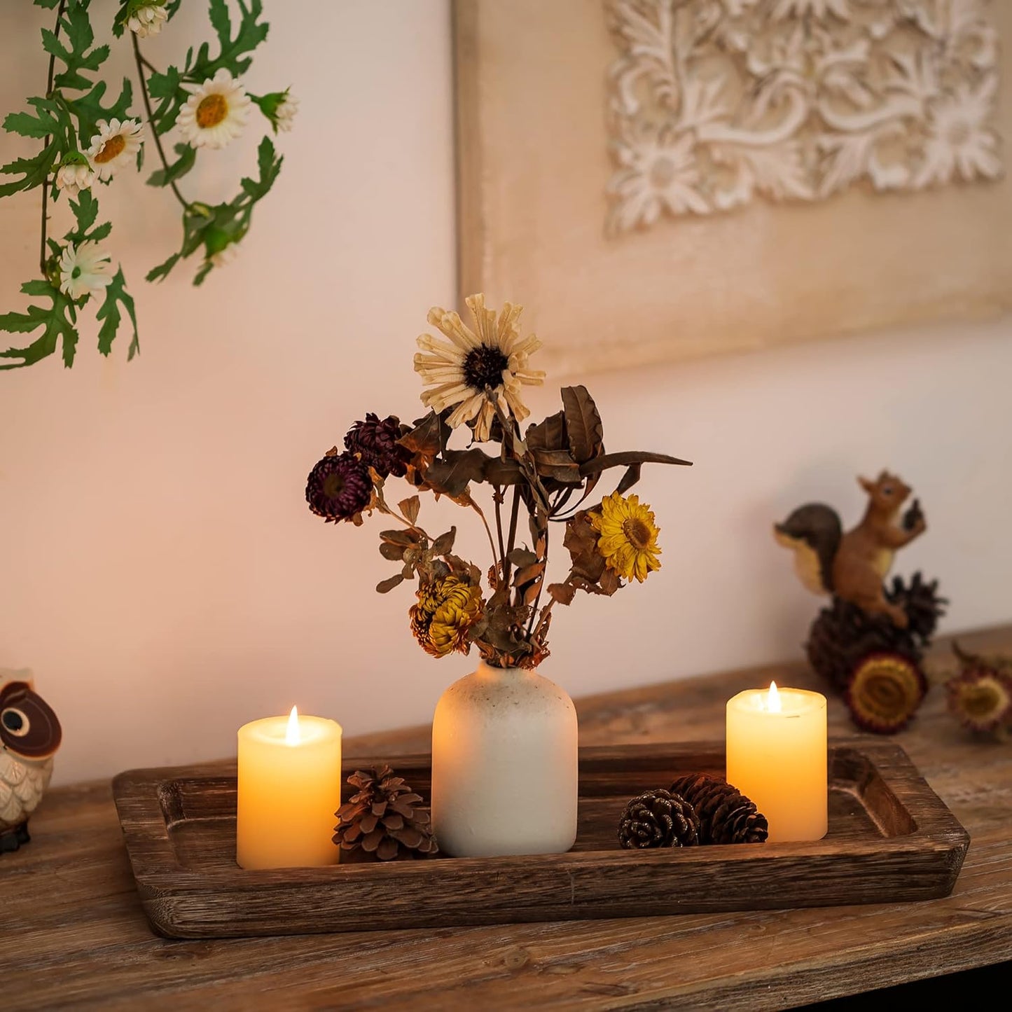 Hanobe Wooden Tray for Candle Decorative: Wood Rustic Long Centerpiece Trays Rectangle Narrow Farmhouse Decor for Dining Coffee Table Kitchen Fireplace Mantle