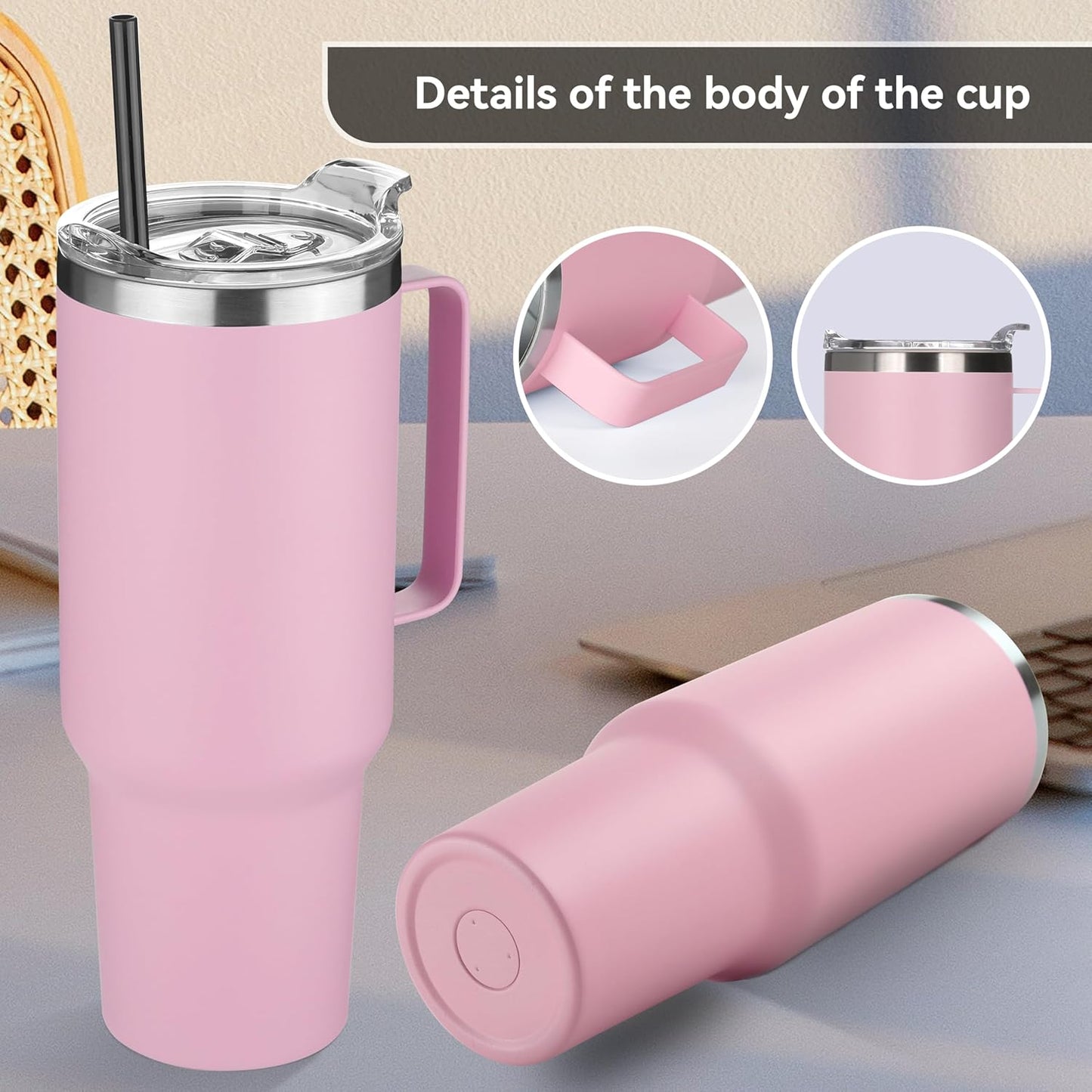 HASLE OUTFITTERS 40 oz Stainless Steel Tumbler with Handle, Vacuum Insulated Tumblers Bulk, Reusable Double Wall Travel Coffee Mug, Durable Powder Coated Water Bottle(Pink, 1)