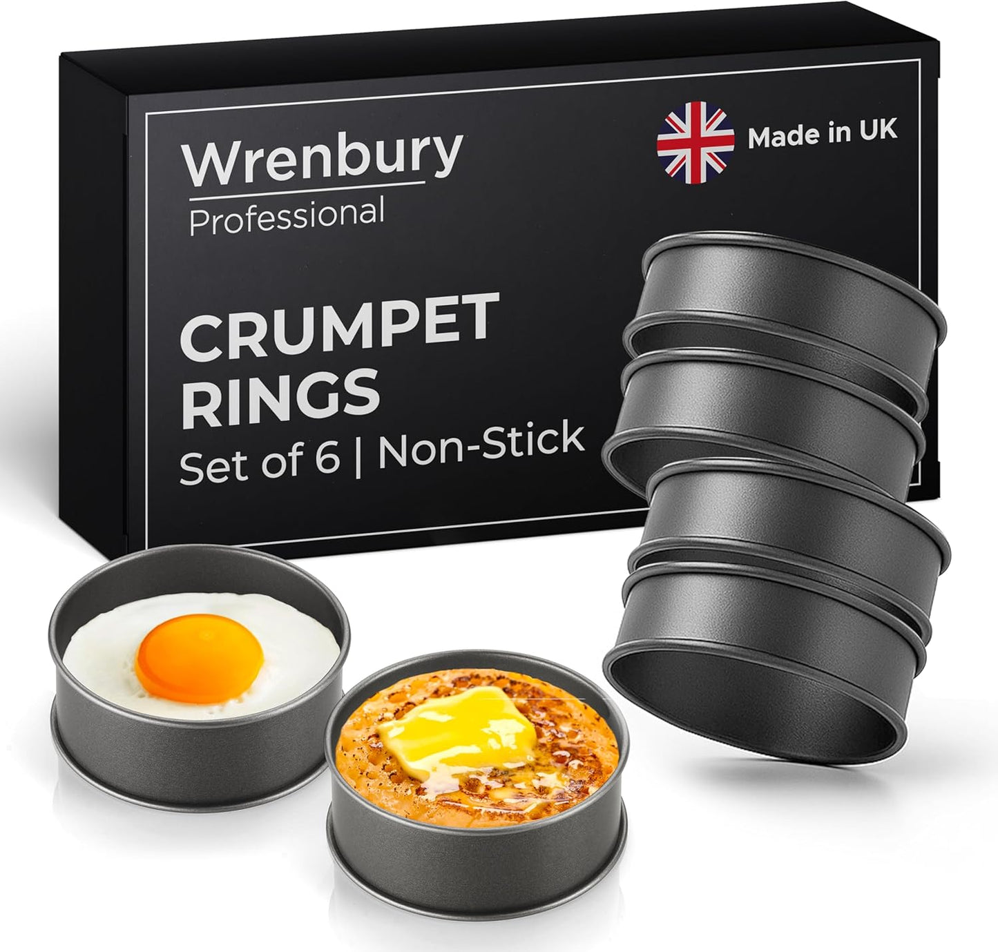 Wrenbury Crumpet Rings Nonstick 3.5 inch - English Muffin Rings - Set of 6 Food Ring Molds for Cooking – Metal Baking Egg Ring Set - Made in England