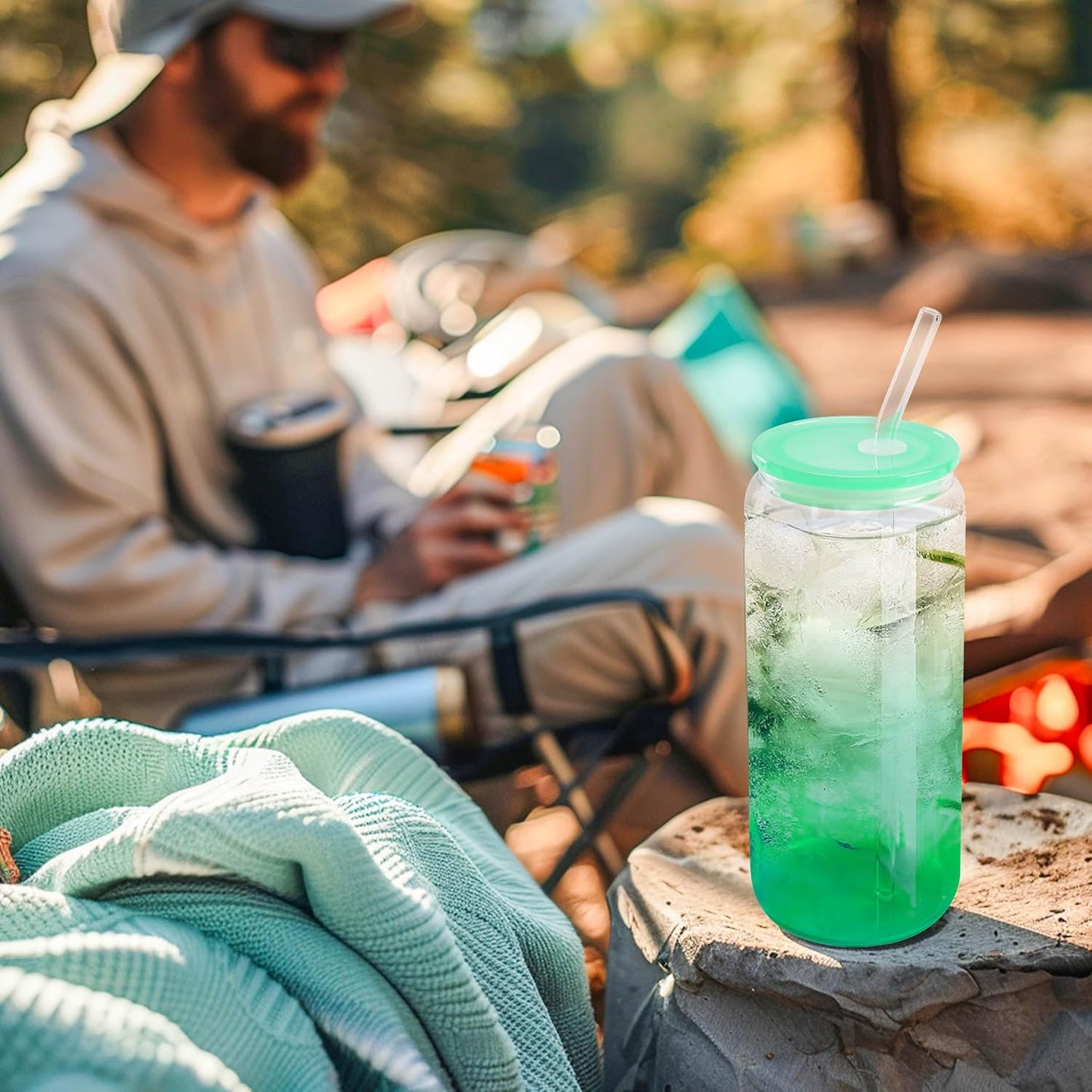 Joyclub 20oz Glass Cups with Acrylic Lids and Straws 12 Set Can Shaped Glass Iced Coffee Cups with Lids, Gradient Drinking Glasses Cute Tumbler Cup Great for Smoothie Soda Boba Tea Cocktail Beer Gift