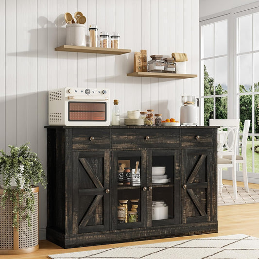 4 EVER WINNER 55" Coffee Bar with 4 Glass Doors and 3 Drawers, Sideboard Buffet Cabinet with Storage, Farmhouse Coffee Bar Cabinet with Adjustable Shelves for Kitchen, Dining Room, Rustic Oak