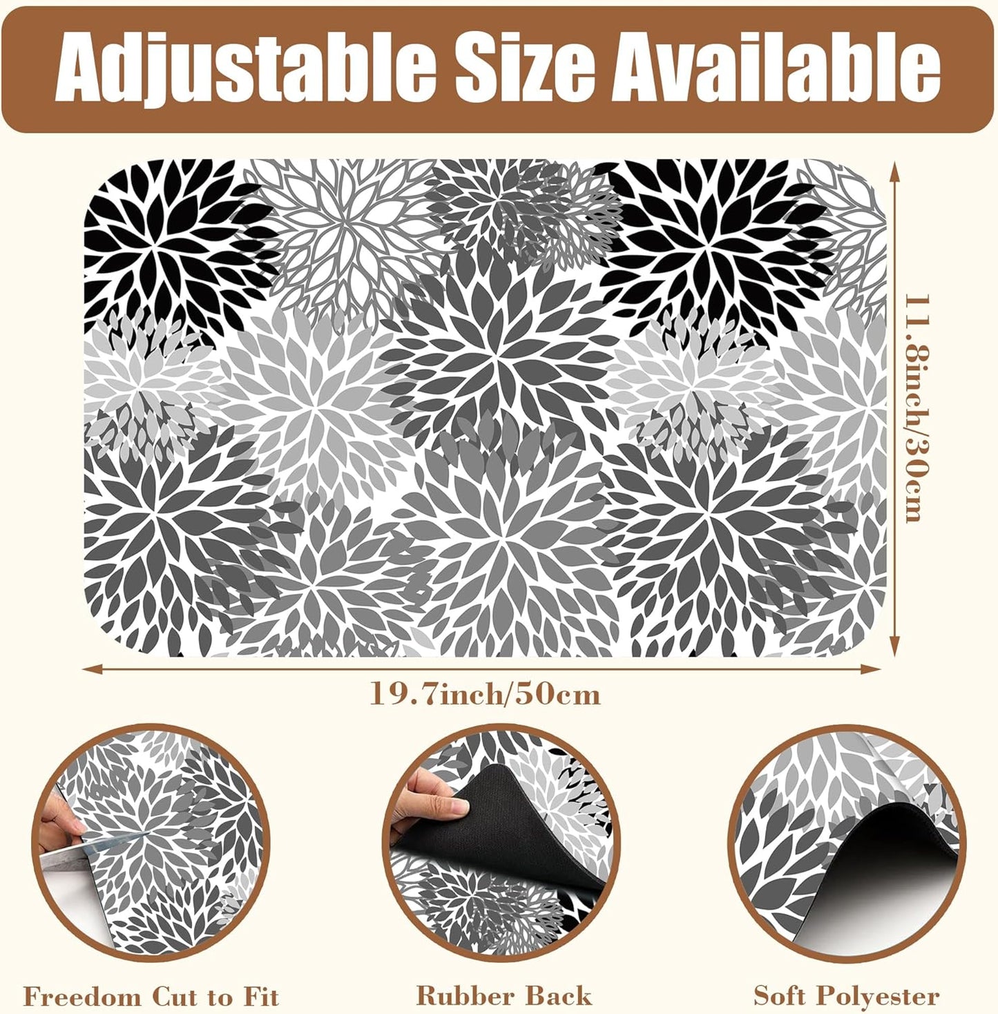 Dish Drying Mat Black and White Chrysanthemum Flower Coffee Bar Mat Absorbent Coffee Mat Rubber Backed Hide Stain Dish Drainer Rack Mat Coffee Maker Coffee Pot Dining Room Decoration 11.8 x 19.7 Inch