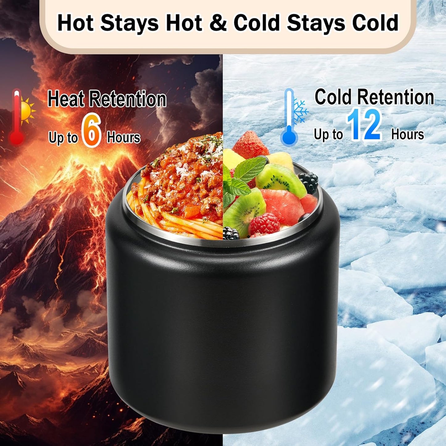 26oz Kids Thermos for Hot Food, Insulated Vacuum Food Jar with Buckle Lid, Stainless Steel Wide Mouth Leak Proof Insulated Lunch Container for School Picnic Travel, Black