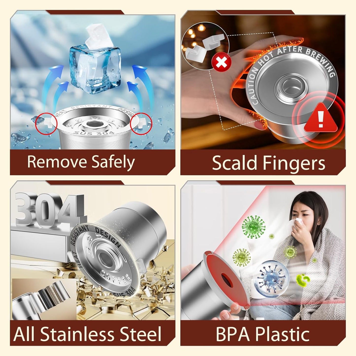 4 Pack Reusable K Cups Coffee Pods for Keurig 1.0: Stainless Steel Refillable K Cups - Reusable Coffee Filters for Keurig Coffee Machine, BPA-Free, SUS 304‌, Scoop, Heat Resistant Handles