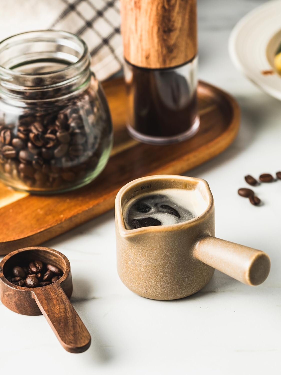 Espresso Measuring Cup, Ceramic Espresso Cup with Handle, Expresso Shots Cups Double Spouts Milk Cup, Espresso Accessories, 3 Oz/ 90 Ml, Brown