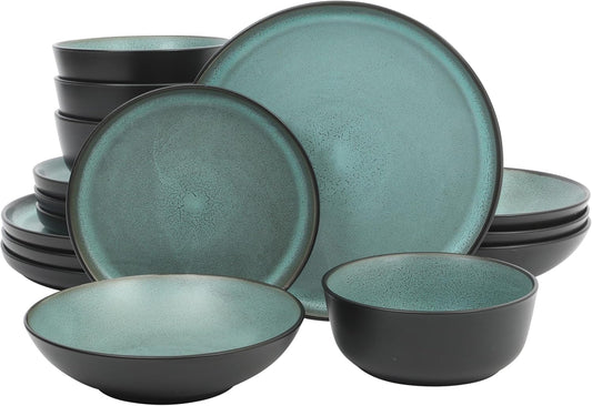 Gibson Elite Tribeca Loft 16-Piece Dinnerware Set – Matte Black and Green Reactive Glaze Stoneware, Double Bowl Round Plates and Bowls – Modern Rustic Tableware for 4, Dishwasher & Microwave Safe