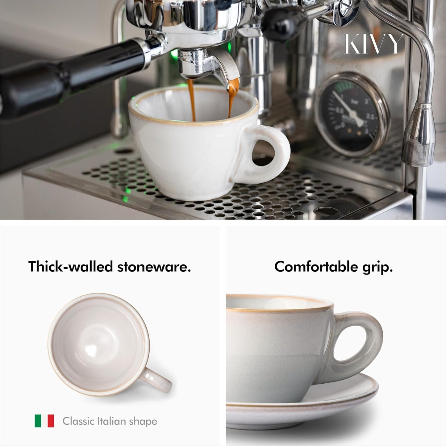 KIVY Cappuccino cups set [4x 8oz] - Thick-walled stoneware cappuccino cup set for latte art - Cappuccino coffee cups - Tazas de cafe - Latte cups - Ceramic latte art cup and saucer set of 4 - Grey