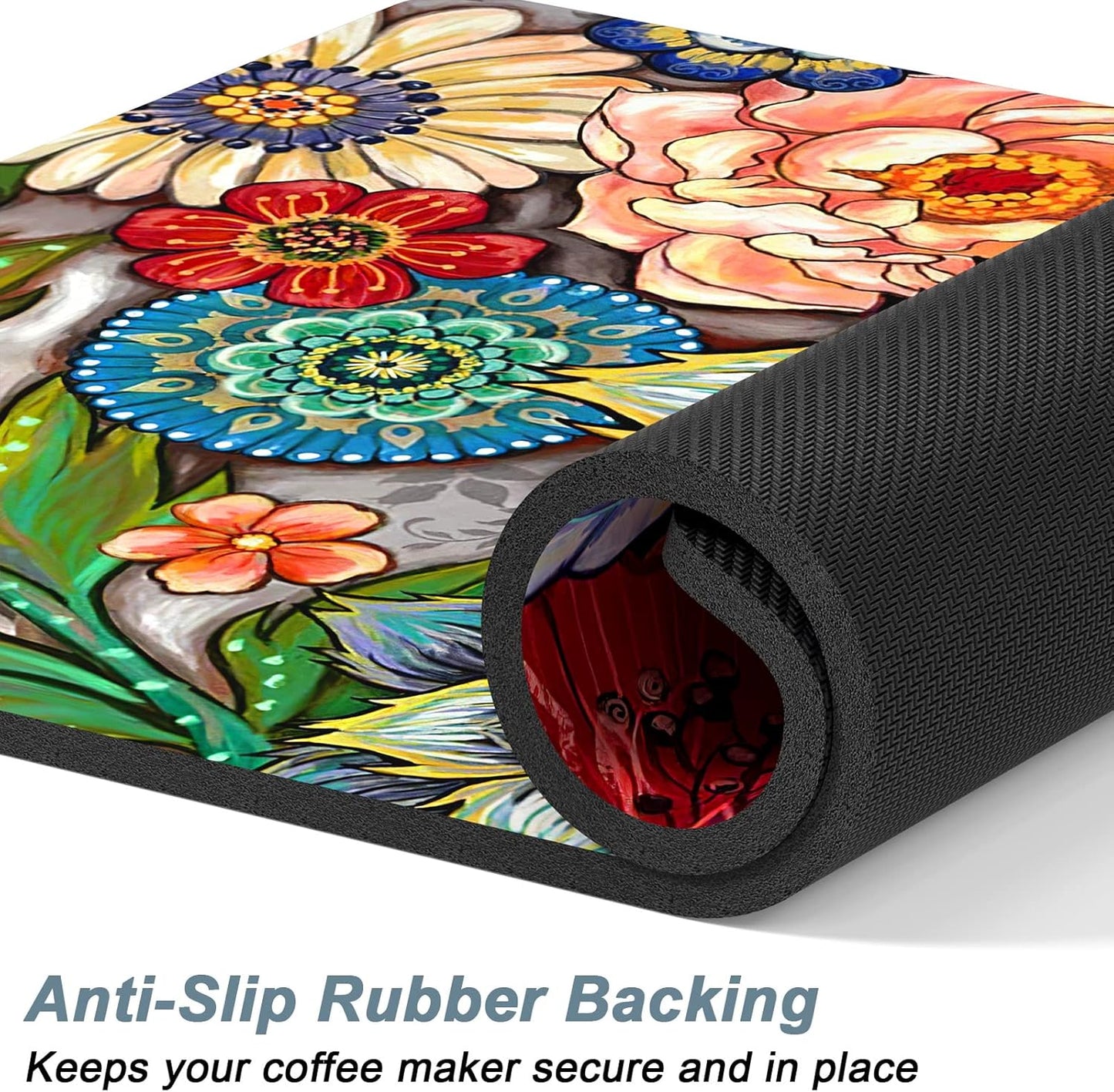 Rnivvi Coffee Mat, 16" x 24" Cute Flower Theme Coffee Bar Mats for Espresso Machine Station Accessories and Organizer, Hide Stain Rubber Backed Absorbent Dish Drying Pad for Kitchen Counter, Mandala