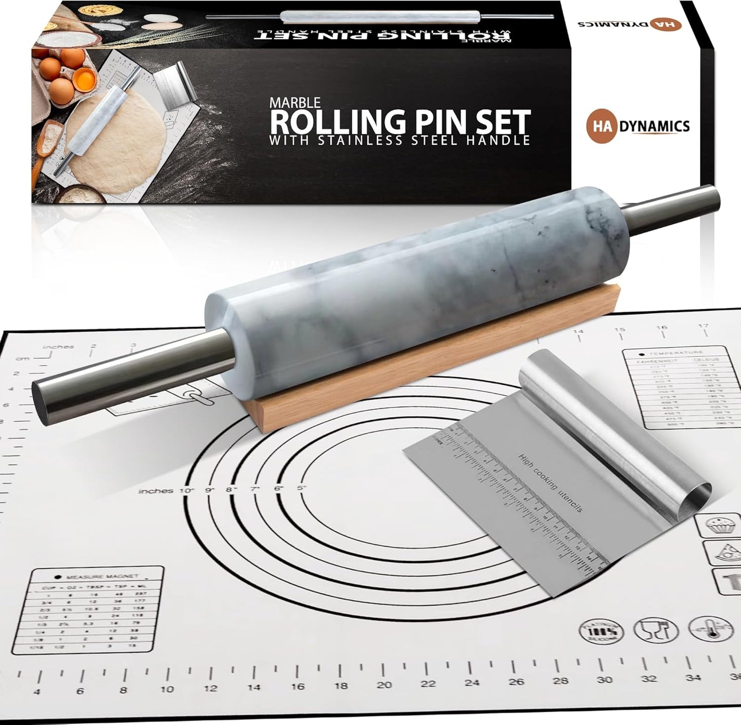 Professional Marble Rolling Pin for Dough - Solid Precise Pizza Dough Roller Marble Rolling Pin for Baking including Silicone Baking Mat, Steel Dough Scraper, Wooden Cradle - Gift for Bakers