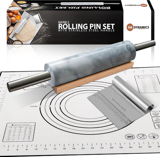 Professional Marble Rolling Pin for Dough - Solid Precise Pizza Dough Roller Marble Rolling Pin for Baking including Silicone Baking Mat, Steel Dough Scraper, Wooden Cradle - Gift for Bakers