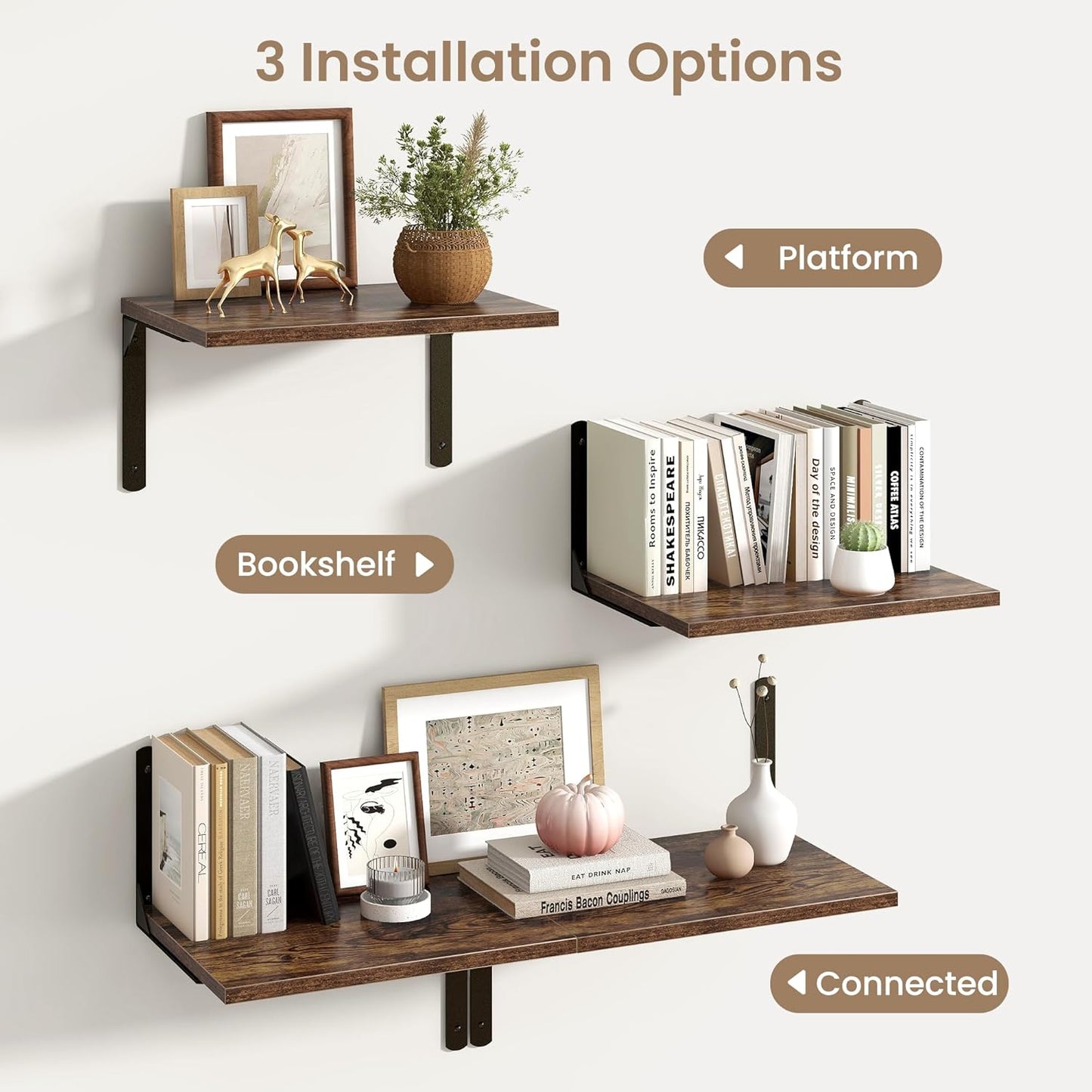 Fun Memories Rustic Brown 12 Inch Deep Floating Shelves Set of 2, Wall Mounted Shelf with Metal Brackets, Rustic Wood Wall Shelf for Bathroom, Kitchen and Living Room