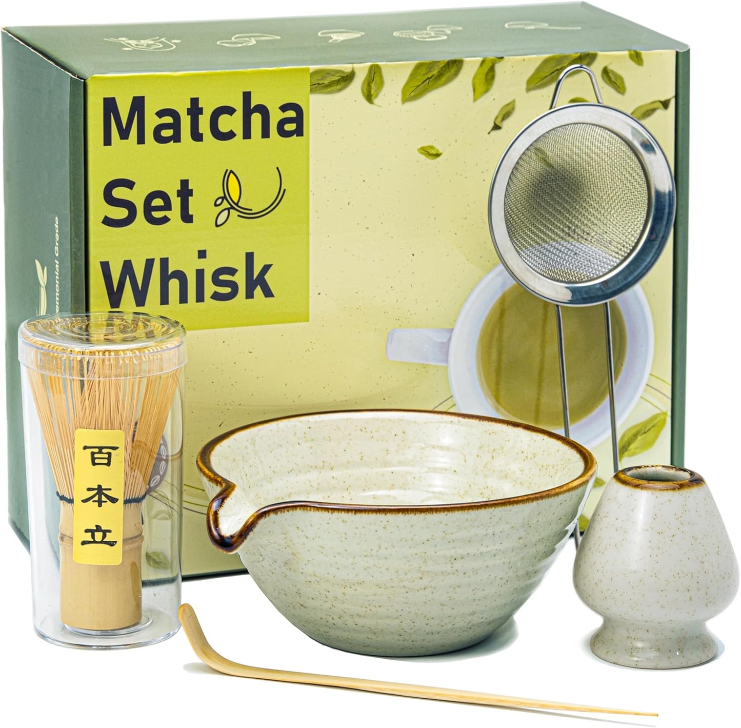 Matcha Whisk Set,Matcha Set,Matcha Kit,Matcha Bowl with Spout,Scoop,Sifter,Bamboo Whisk,Chasen Holder,Unique Gifts for Women Grifend,Gifts for Christmas, Birthday,Halloween