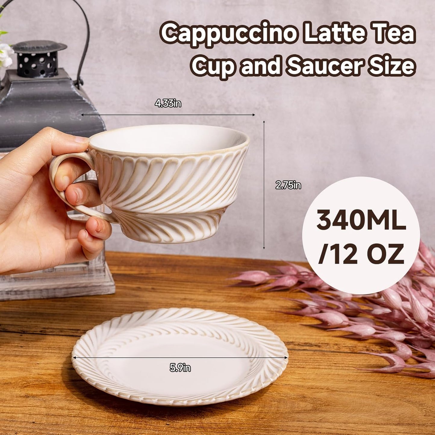 Ceramic Latte Cup with Saucer, 12 OZ Cappuccino Cup Vintage Cafe Art Cups for Espresso Turkish Coffee, Farmhouse Latte Mugs Tea Cups and Saucers Porcelain Set for Baristas Great Gift