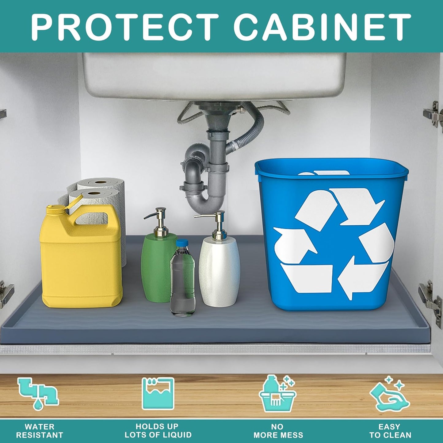 URMONA Waterproof Silicone Under Sink Mat 19'' x 19'' Shelf Liner for Kitchen and Bathroom, Cabinet and Counter Protector, Storage and Organizers, Litter Mat, Pet Cat Puppy Essentials(Beige)