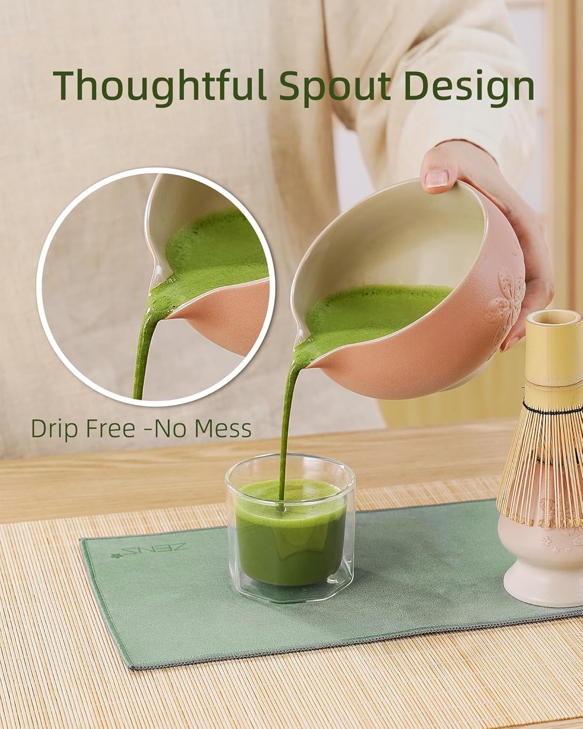 ZENS Matcha Whisk Set, Pink Ceramic Matcha Bowl with Embossed Sakura, 6pcs Matcha Tea Kit Includes Bamboo Whisk, (Chasen Holder) Scoop & Sifter, Tea Towel for Matcha Ceremony, Pink