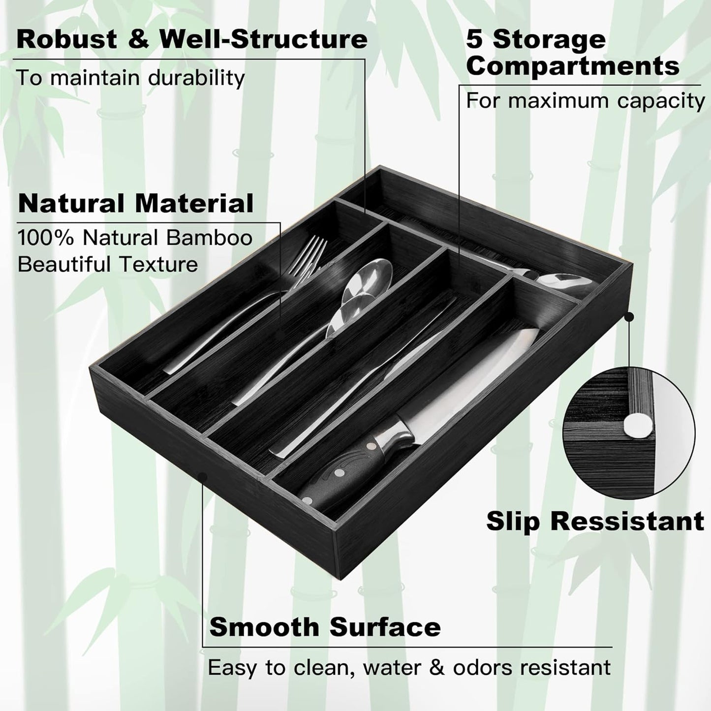 Bamboo Silverware Holder - Drawer Organizer with 5 Slots (Black)