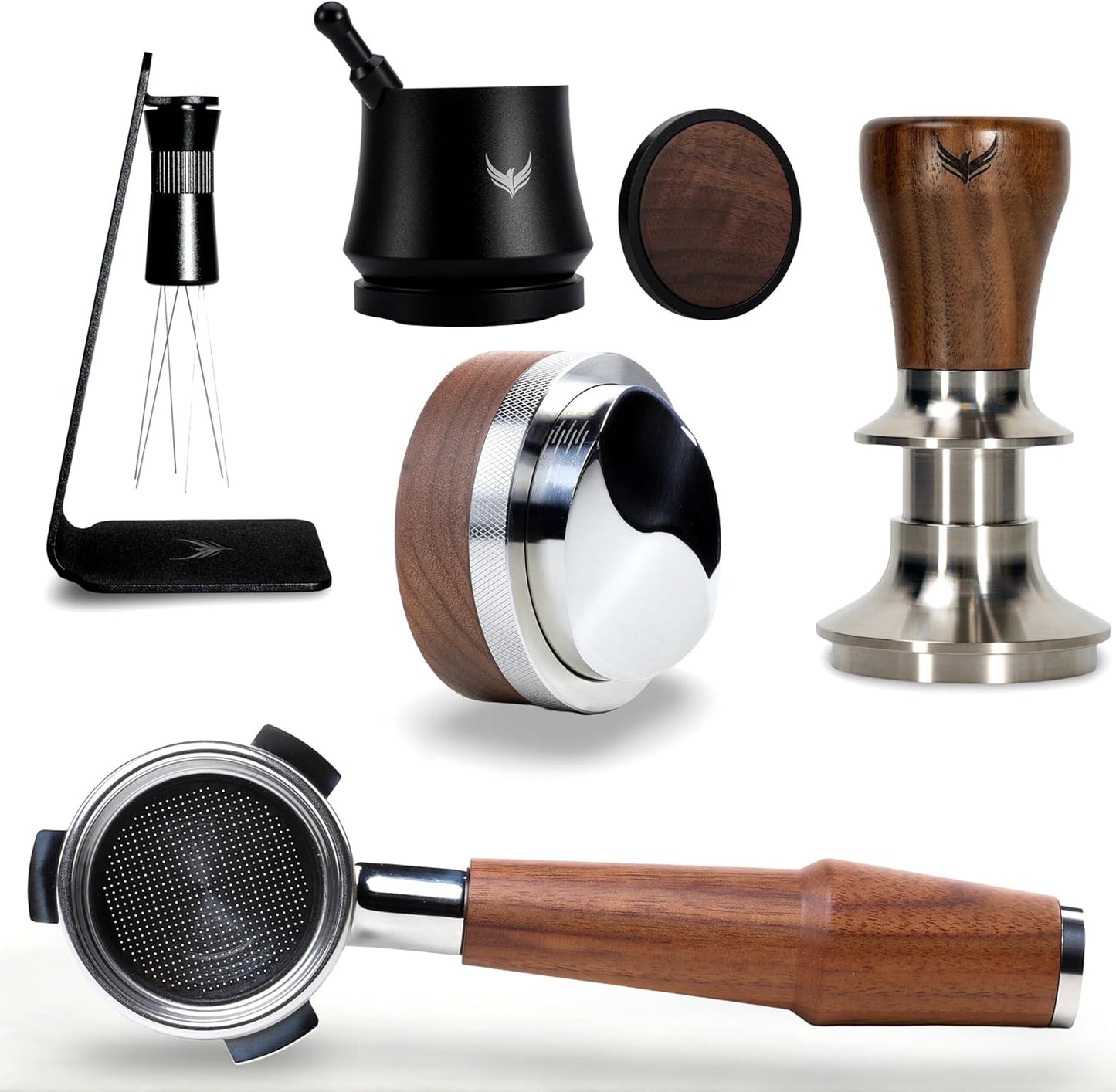 54mm Espresso Tools Kit Walnut Breville Accessories Includes Espresso Shaker, Spring Loaded Coffee Tamper, Leveling Tool, Bottomless Portafilter 54mm and Espresso Stirring Tool