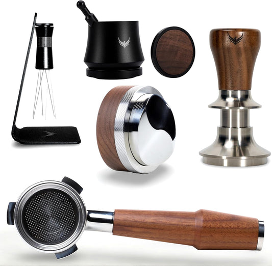 54mm Espresso Tools Kit Walnut Breville Accessories Includes Espresso Shaker, Spring Loaded Coffee Tamper, Leveling Tool, Bottomless Portafilter 54mm and Espresso Stirring Tool