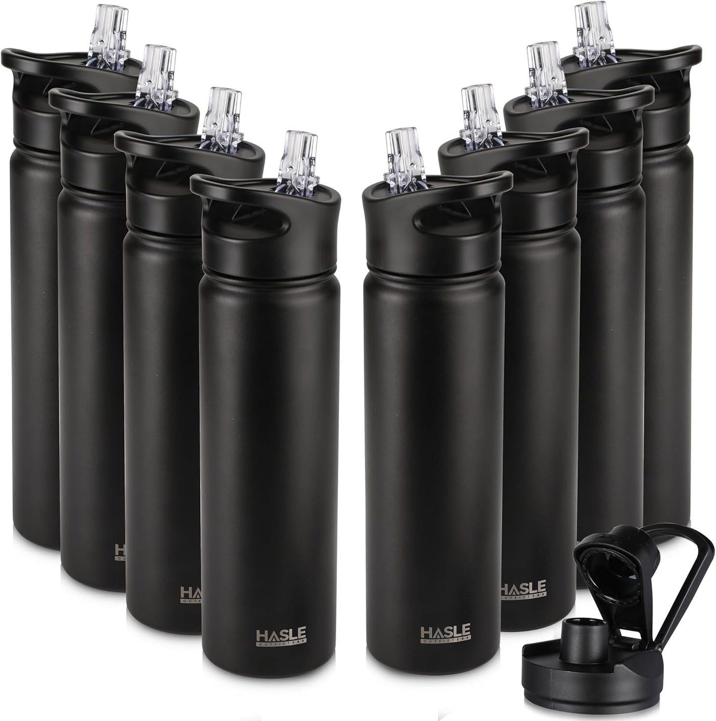 HASLE OUTFITTERS Insulated Water Bottle 22 oz Double Wall Stainless Steel Water Bottle Wide Mouth with Straw Lid & Spout Lid Keeps Cold or Hot(Black,8)