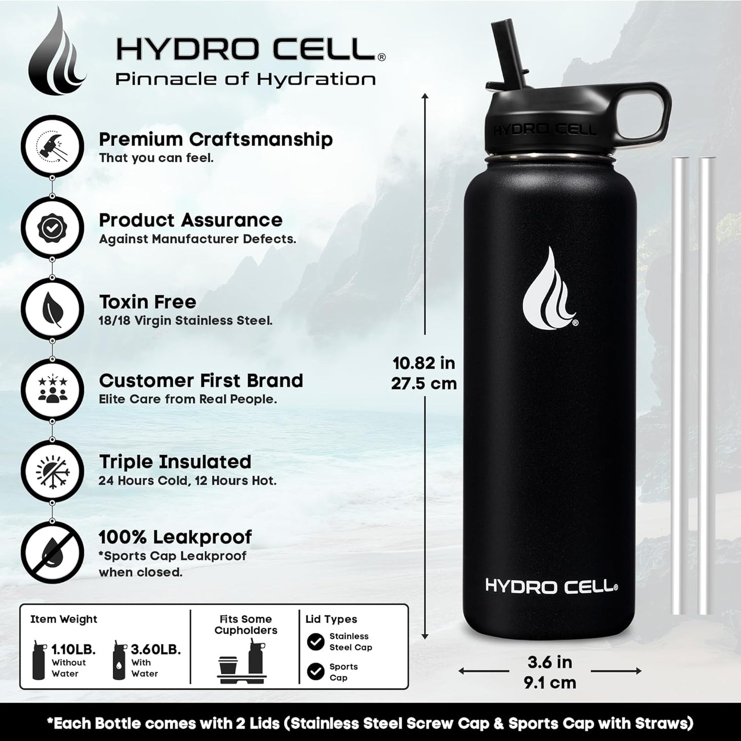 HYDRO CELL Stainless Steel Insulated Water Bottle with Straw - For Cold & Hot Drinks - Metal Vacuum Flask with Screw Cap and Modern Leakproof Sport Thermos for Adults (Black 40oz)