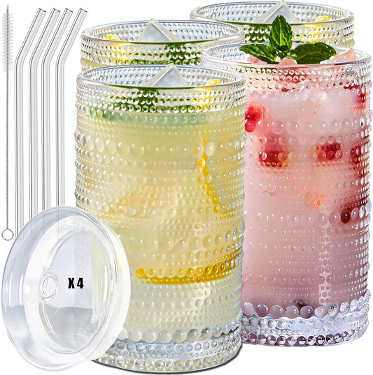 4 Pcs Iced Coffee Glasses Cups with Glass Lids and Straws,12 oz Thick Emboss Beaded Drinking Glass Cup Set,Latte Glasses,Ideal for Water,Soda,Gift - with Cleaning Brushe