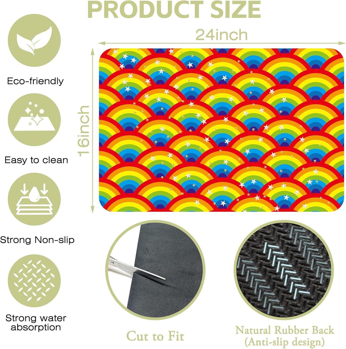 Kitchen Mat Rainbow Half Circle Star Dish Drying Mat 16"x24" Bsorbent Coffee Maker Mat for Sink Dishes or Under Rack Kitchen Counter Accessories Absorbent Hide Stain Rubber Backed Dish Drying Pad