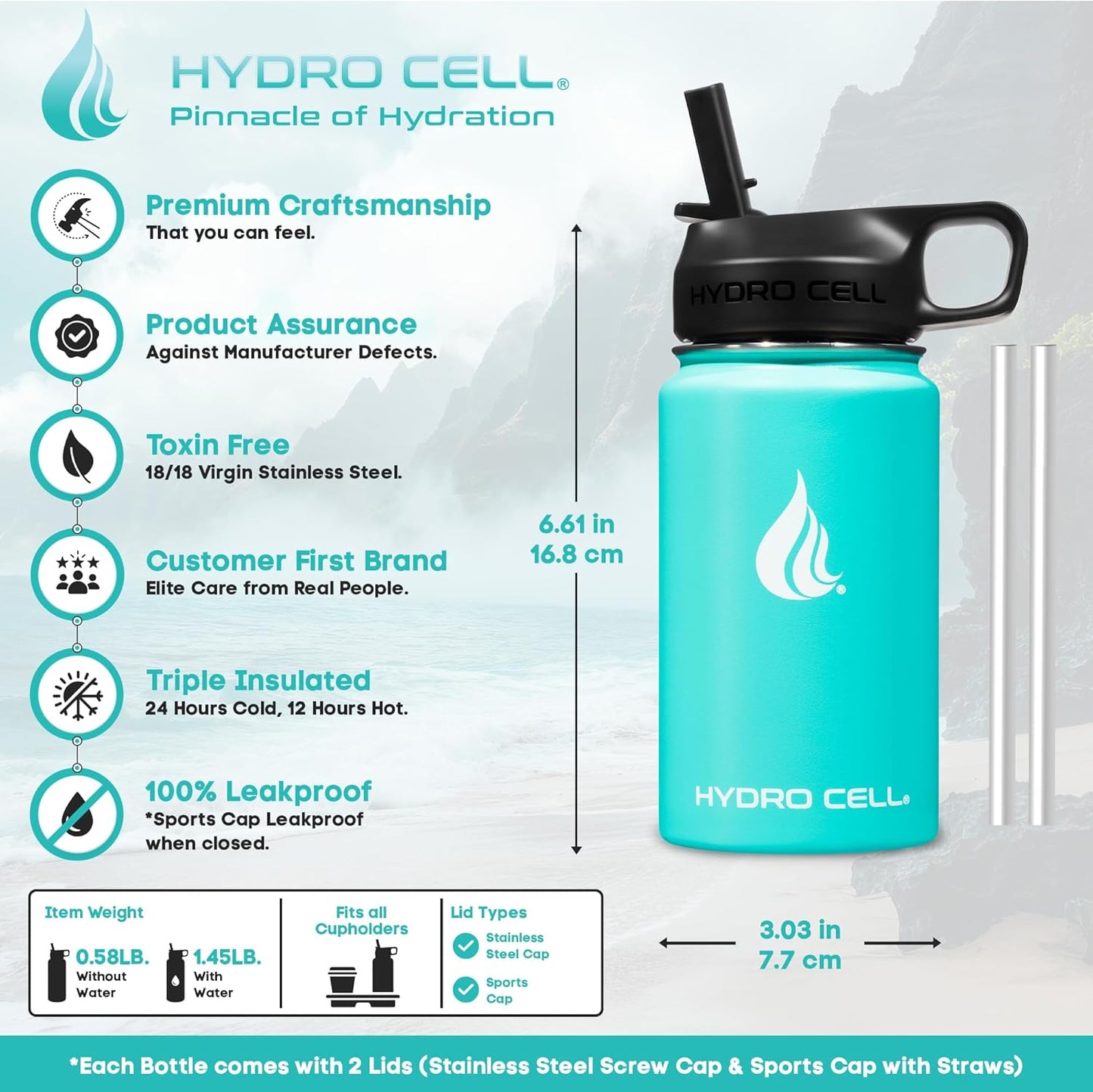 HYDRO CELL Stainless Steel Insulated Water Bottle with Straw - For Cold & Hot Drinks - Metal Vacuum Flask with Screw Cap and Modern Leakproof Sport Thermos for Adults (Teal 14oz)