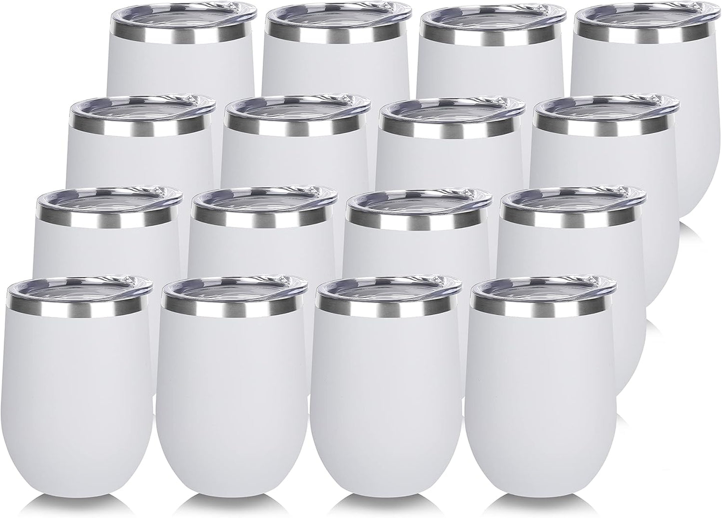 DOMICARE Stainless Steel Wine Tumbler Bulk with Lid, Personalized White Insulated Tumblers Set, 12oz Travel Coffee Cups Pack of 16