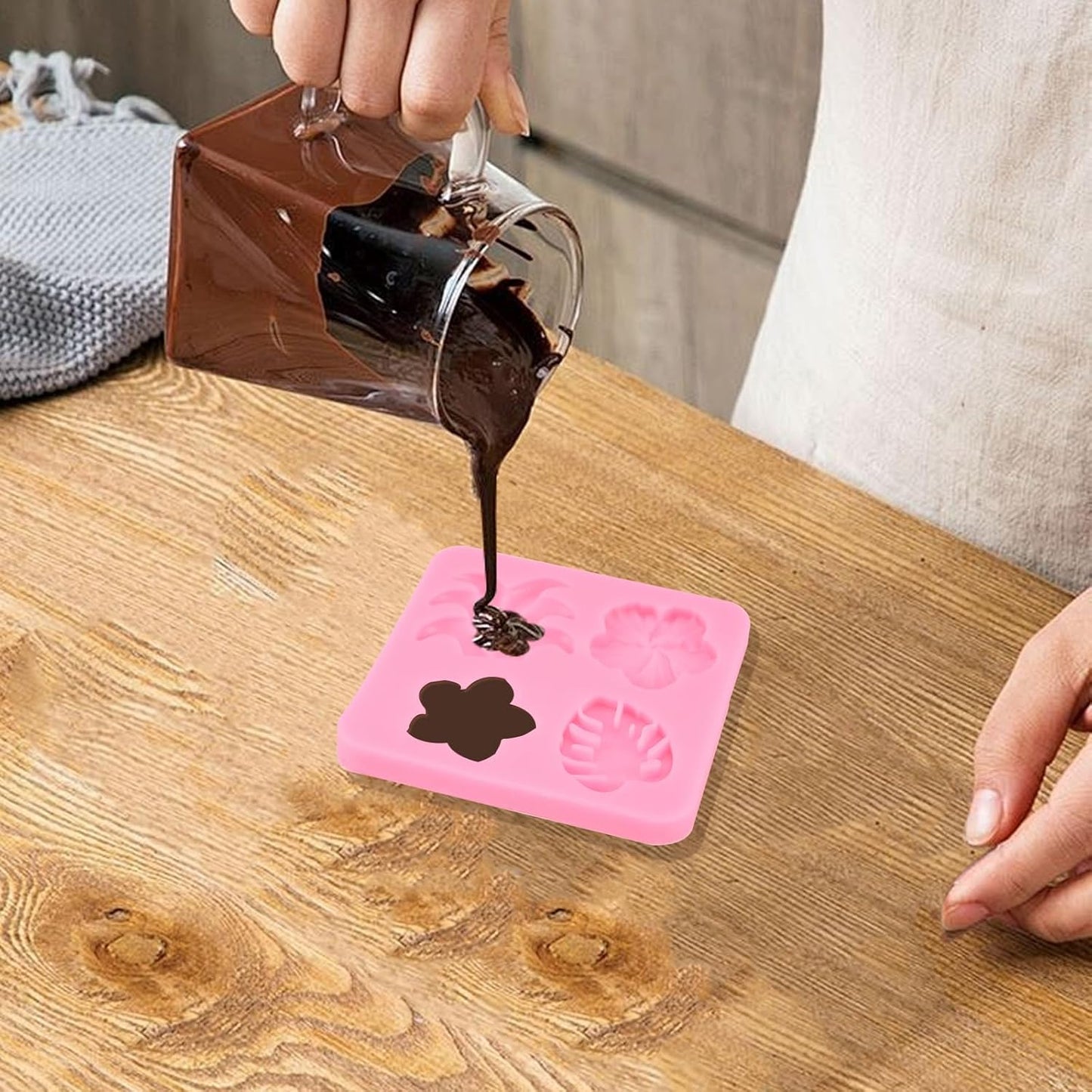 2 Pcs Tropical Flowers and Leaves Silicone Mold Set Plumeria,Hibiscus,Monstera Leaf for Diy Chocolate,Candy,Gummy Molds,Fondant,Cupcake Topper,Hawaiian Party Decoration(Pink)