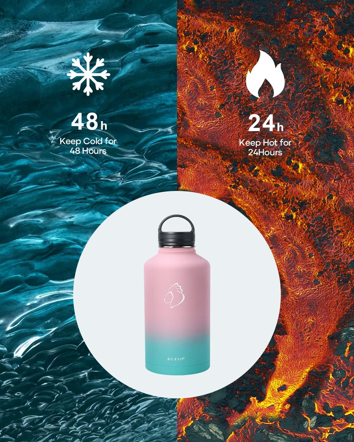 BUZIO 64 oz Water Bottle Insulated with Straw & 3 lid and Carrying Pouch, Leak Proof Half Gallon Stainless Steel Water Flask Jug, Cold for 48 Hrs Double Vacuum Thermo Canteen, BPA-Free, Bubble Gum