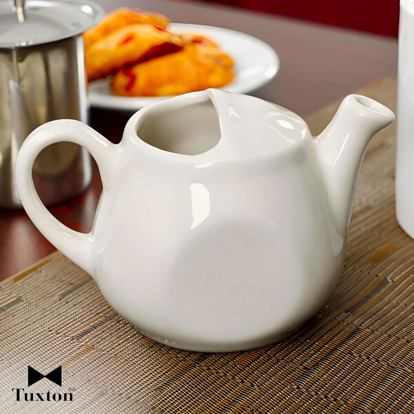 Tuxton China BET-1001 Teapot, 10 oz., 3-3/8"H, Without Lid, Microwave and Dishwasher Safe, Oven Proof, Fully Vitrified, Ceramic, TuxCare, Healthcare, American White/Eggshell, Pack of 6