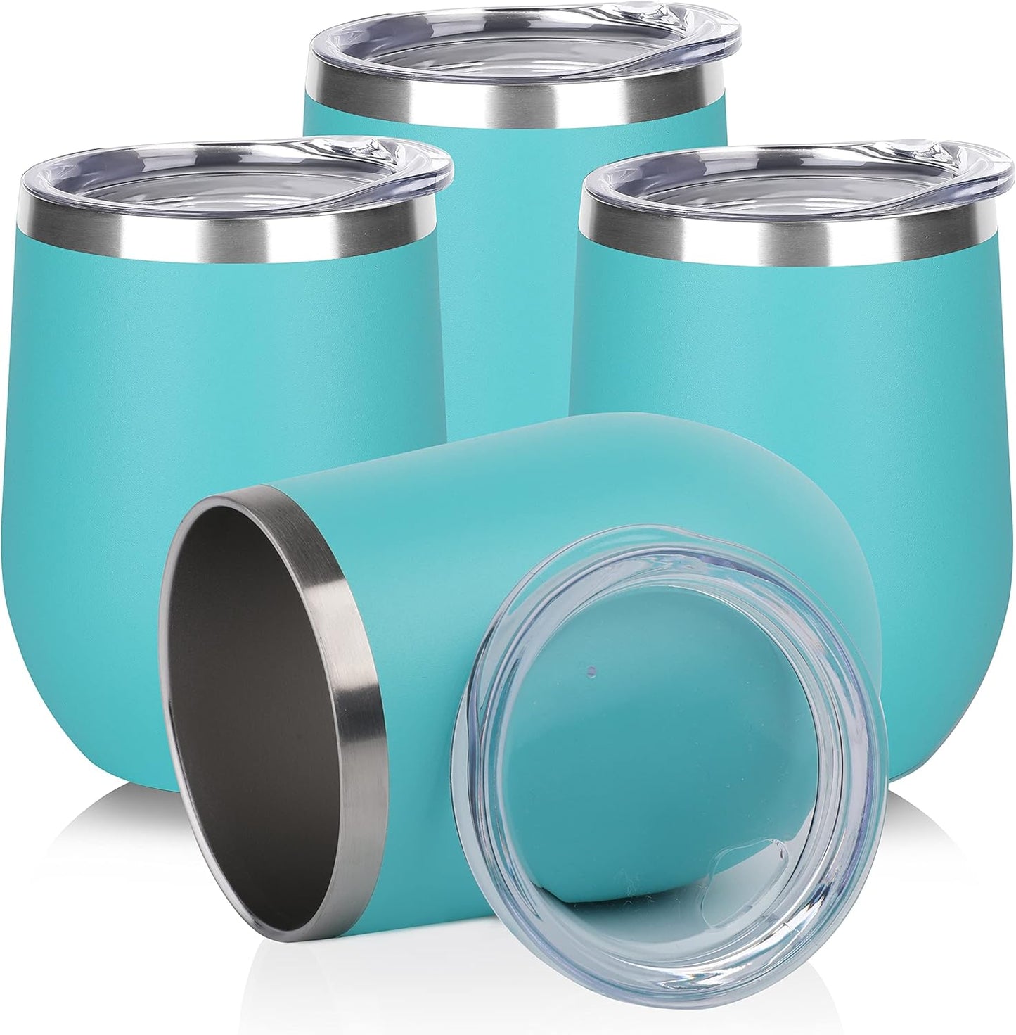 DOMICARE Stainless Steel Wine Tumbler Bulk with Lid, Personalized Insulated Tumblers Set, 12oz Travel Coffee Cups Pack of 4, Light Blue