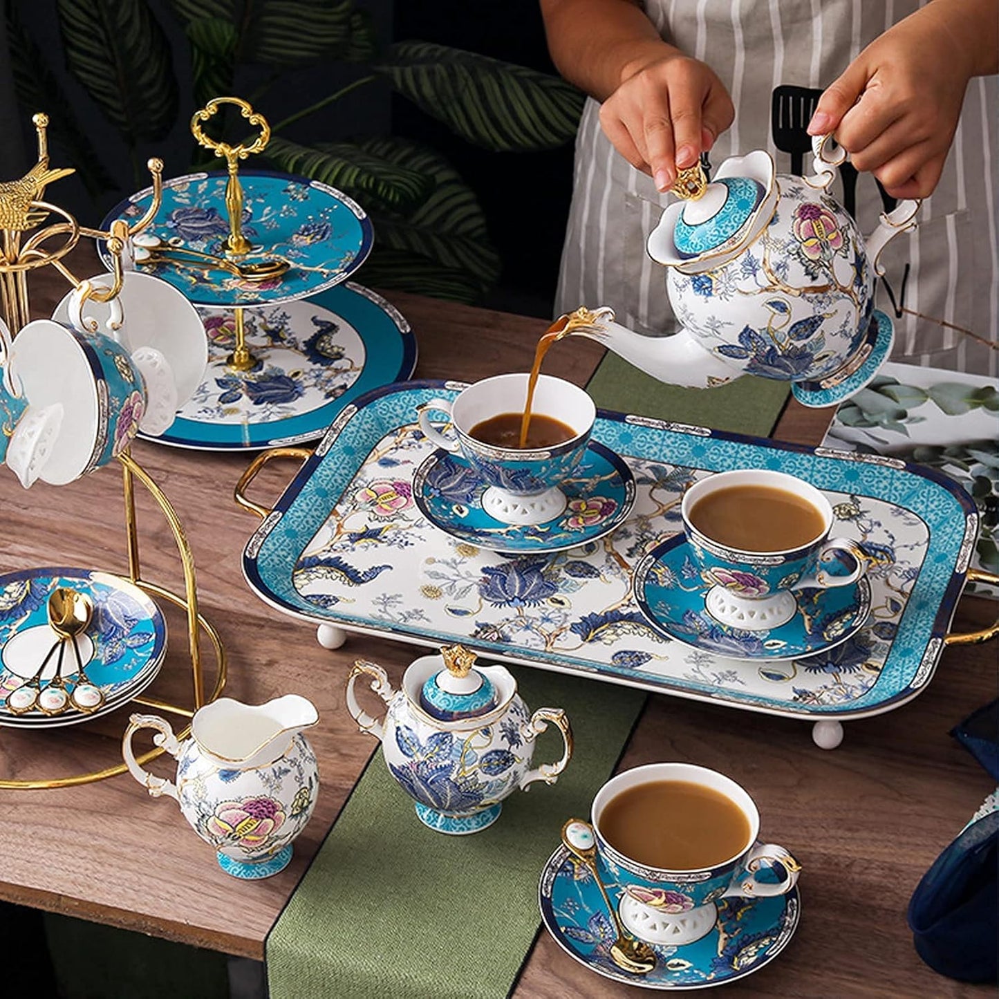 ACMLIFE Tea Sets for Adults for 6, Blue Tea Set with Cups, Fine Bone China 24K Gold, Tea Pot and Cups Set, Vintage British English Porcelain Afternoon Service Sets for Women Tea Party for Luxury Gift